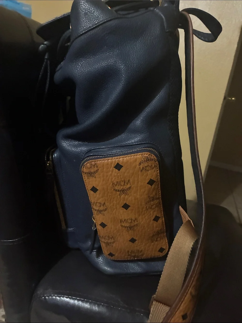 MCM Navy Leather Backpack with Cognac Visetos Pocket